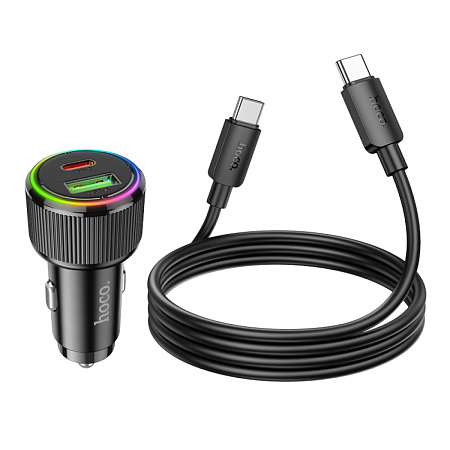 Автомобильное зарядное устройство, 1 USB QC3.0 18W, 1 PD 20W (NZ14A), HOCO, кабель Type-С to Type-С, черный