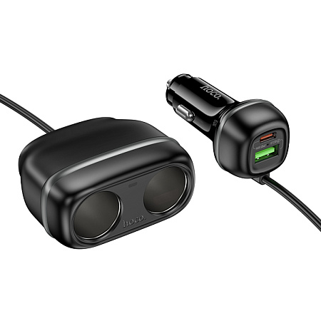Разветвитель прикуривателя на 1 USB QC3.0 18W + 1 PD 30W + 2 прикуривателя на проводе Z59, черный