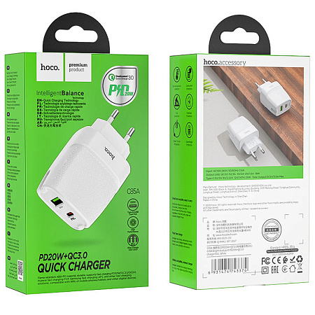 Сетевое зарядное устройство, 1 PD 20W + 1 USB 3.0 QC (C85A), HOCO, белый