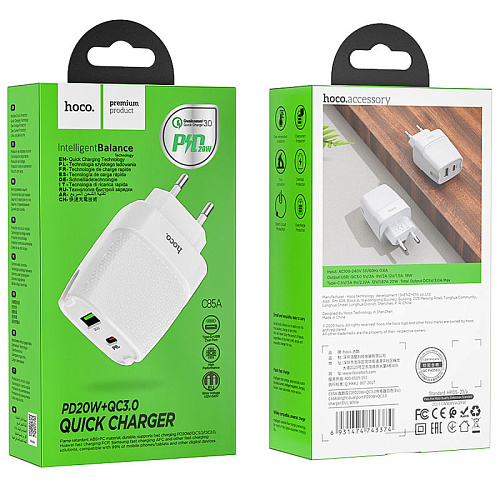 Сетевое зарядное устройство, 1 PD 20W + 1 USB 3.0 QC (C85A), HOCO, белый