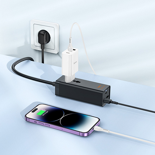 Сетевой фильтр на 1 розетка+2 USB+1 PD, 1.5м, AC9A, HOCO, черный