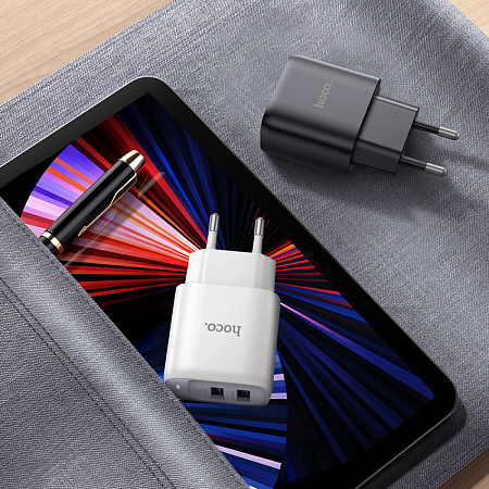 Сетевое зарядное устройство, 2 USB 2.1A (C141A), HOCO, Type-C, белый
