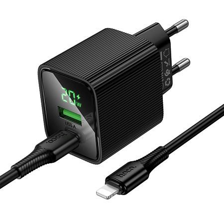 Сетевое зарядное устройство, 1 PD 20W + 1 USB 3.0 QC (CS83A), HOCO, Type-C to Lightning, с дисплеем, черный