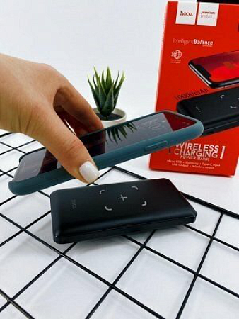 Универсальный Доп. Аккумулятор 10000mAh, J50, HOCO, c беспроводной зарядкой черный