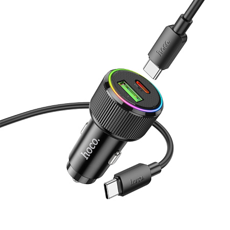 Автомобильное зарядное устройство, 1 USB QC3.0 18W, 1 PD 20W (NZ14A), HOCO, кабель Type-С to Type-С, черный