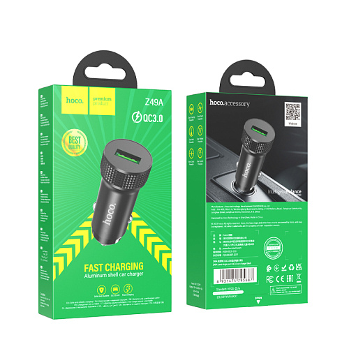 Автомобильное зарядное устройство, 1 USB 3.0QC (Z49A), HOCO, черный