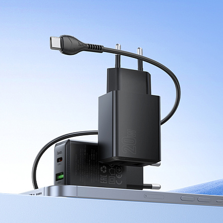Сетевое зарядное устройство, 1 PD 20W + 1 USB 3.0 QC (N69), HOCO, Type-C to Type-C, черный