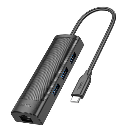 USB Хаб (HB42) с 1 Type-C на 3 USB 3.0+RJ45, HOCO, L=0.2M, черный