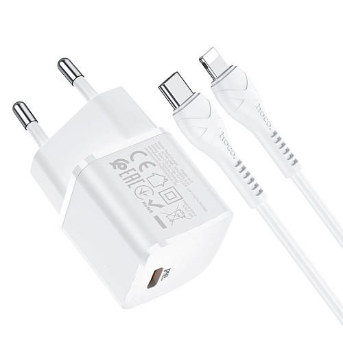 Сетевое зарядное устройство, 1 PD 20W + 1 USB 3.0 QC (N10), HOCO, Type-C to Lightning, mini, Умная зарядка, белый