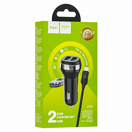 Автомобильное зарядное устройство, 2 USB 2.4A (Z40), usb cable micro, HOCO, черный