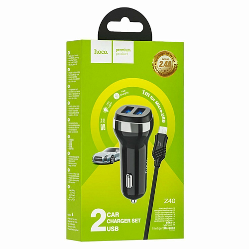 Автомобильное зарядное устройство, 2 USB 2.4A (Z40), usb cable micro, HOCO, черный