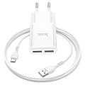 Сетевое зарядное устройство, 2 USB 2.4A (C88A), HOCO, Type-C, белый