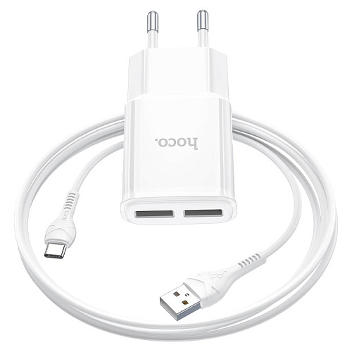 Сетевое зарядное устройство, 2 USB 2.4A (C88A), HOCO, Type-C, белый