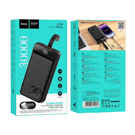 Универсальный Доп. Аккумулятор 30000mAh, J123B, HOCO, выход: 1 USB-A 22.5W, 1 PD 20W, с дисплеем, черный
