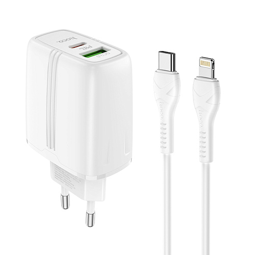 Сетевое зарядное устройство, 1 PD 20W + 1 USB 3.0 QC (N11), HOCO, Безопасный сертификат, Type-C to Lightning, белая