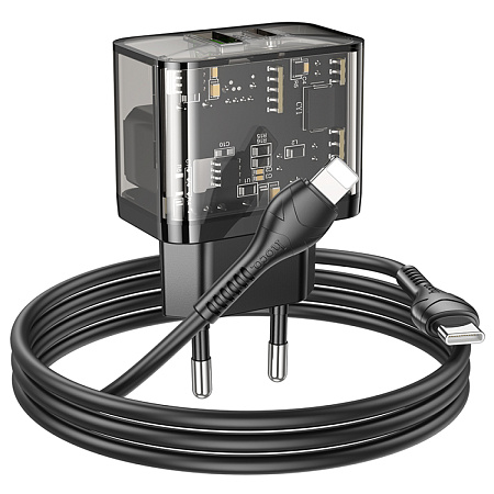 Сетевое зарядное устройство, 1 PD 20W + 1 USB 3.0 QC (N34), HOCO, Type-C to Lightning, прозрачный черный