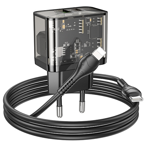 Сетевое зарядное устройство, 1 PD 20W + 1 USB 3.0 QC (N34), HOCO, Type-C to Lightning, прозрачный черный
