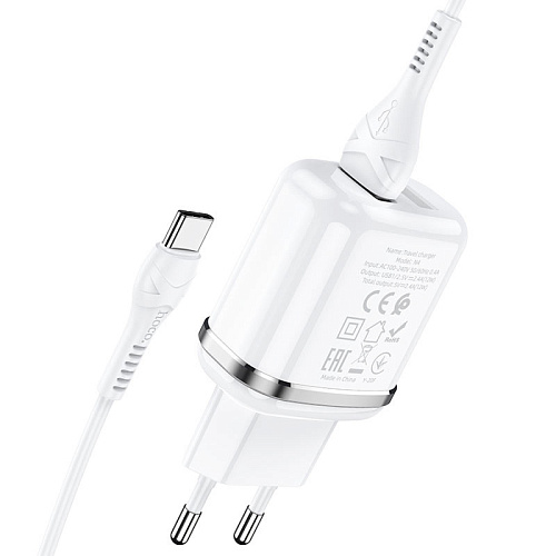 Сетевое зарядное устройство, 2 USB 2.4A 12W (N4), HOCO, Type-C, Умная зарядка, белый