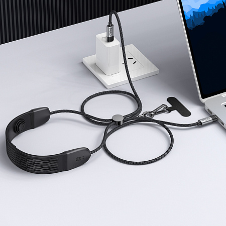 Кабель Type-C на Type-C, HOCO, U145, с шнурком на шею для телефона, 100W, черный