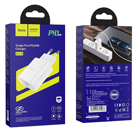 Сетевое зарядное устройство, 1 PD 20W + 1 USB 3.0 QC (N14), HOCO, Умная зарядка, белый