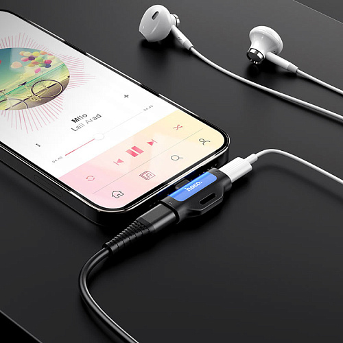 Переходник c Lighting на разъем Lightning+наушники Lightning, LS31, HOCO, синий