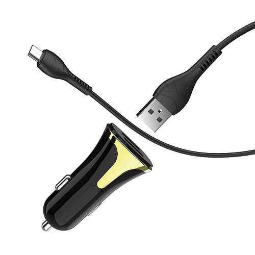 Автомобильное зарядное устройство, 2 USB 3.4A 18W QC3.0 (Z31), usb cable Micro, HOCO, черный