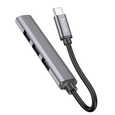 USB Хаб (HB26) c 1 Type-C на 1 USB 3.0 + 3 USB 2.0, HOCO, металлический серый