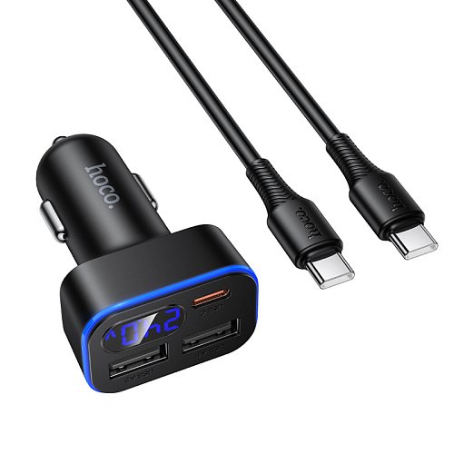 Автомобильное зарядное устройство, 2 USB QC3.0 12W, 1 PD 30W (Z63A), HOCO, кабель Type-C to Type-C, черный