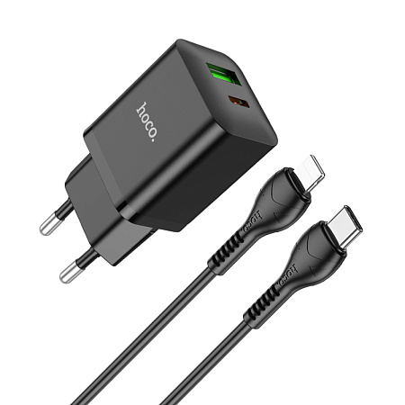 Сетевое зарядное устройство, 1 PD 18W + 1 USB 3.0 QC (N28), HOCO, Type-C to Lightning, черный