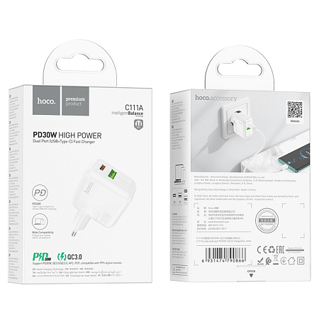 Сетевое зарядное устройство, 1 PD 35W + 1 USB 3.0 QC (C111A), HOCO, белый