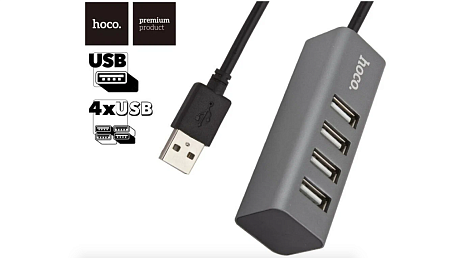 USB Хаб (HB1) c 1 USB на 4 USB, HOCO, серый