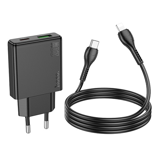 Сетевое зарядное устройство, 1 PD 20W + 1 USB 3.0 QC (N38), HOCO, Type-C to Lightning, черный