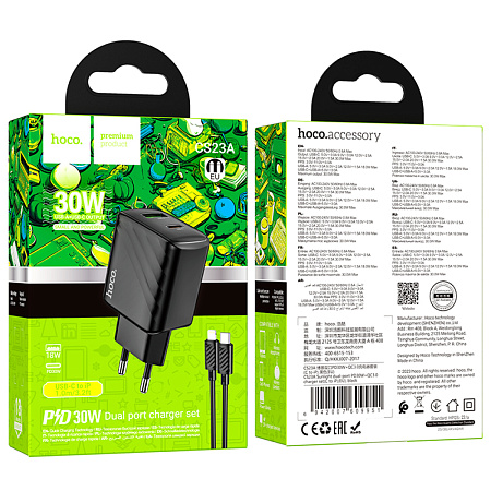 Сетевое зарядное устройство, 1 PD 30W + 1 USB 3.0 QC (CS23A), HOCO, Type-C to Lightning, черный