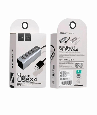 USB Хаб (HB1) c 1 USB на 4 USB, HOCO, серый