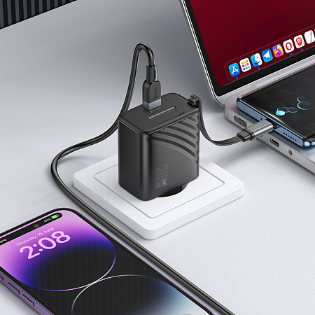 Сетевое зарядное устройство, 1 PD 30W + встроенный кабель Type-C (N58), HOCO, черный