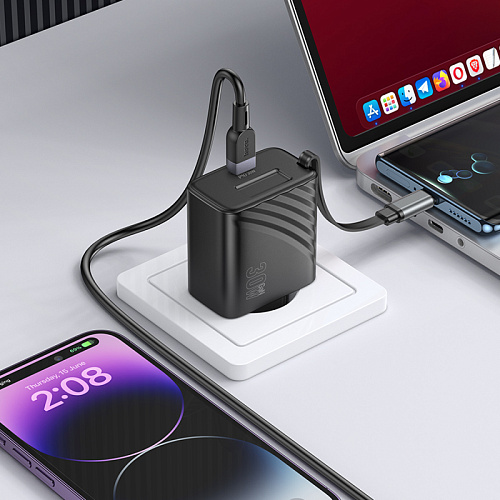 Сетевое зарядное устройство, 1 PD 30W + встроенный кабель Type-C (N58), HOCO, черный