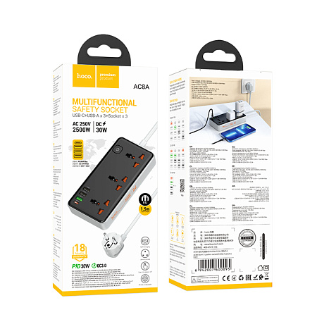Сетевой фильтр на 3 розетки, 1 USB (18W QC)+ 2 USB, 1 PD (30W), 1.5м, AC8A, HOCO, черный