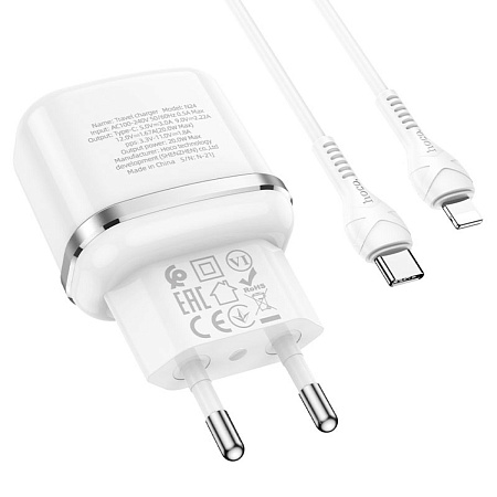Сетевое зарядное устройство, 1 PD 20W + 1 USB 3.0 QC (N24), HOCO, Type-C to Lightning, белый