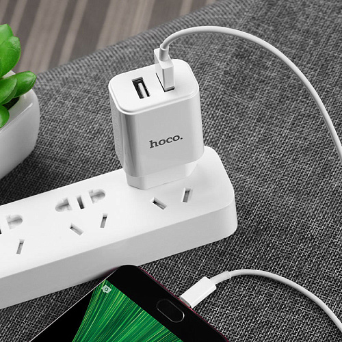 Сетевое зарядное устройство, 2 USB 2.1A (C62A), HOCO, Micro, Умная зарядка, белый