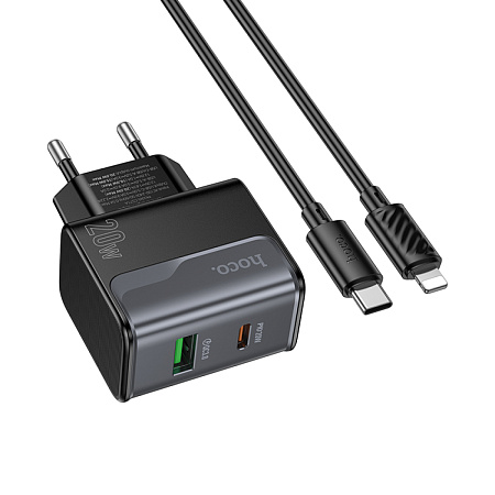 Сетевое зарядное устройство, 1 PD 20W + 1 USB 3.0 QC (CS71A), HOCO, Type-C to Lightning, черный