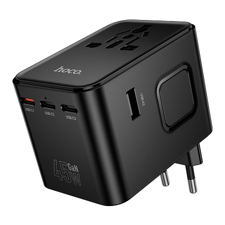 Переходник на розетку (все виды), 3 PD+2 USB, AC32, HOCO, черный