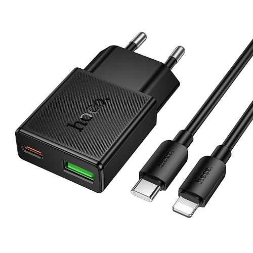 Сетевое зарядное устройство, 1 PD 20W + 1 USB 3.0 QC (N73), HOCO, Type-C to Lightning, черный