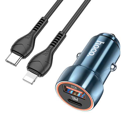 Автомобильное зарядное устройство, 1 USB QC3.0+1 PD 20W (Z46A), HOCO, кабель Type-С to Lightning, синий