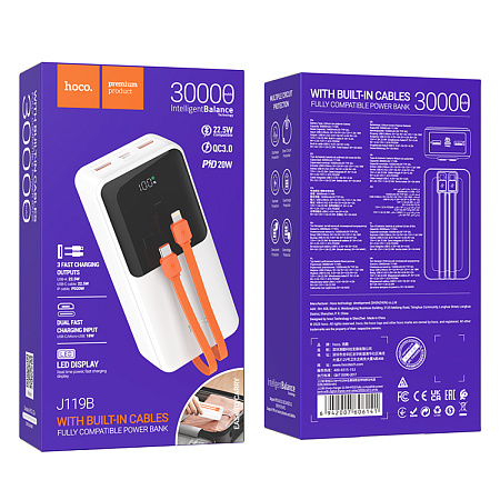 Универсальный Доп. Аккумулятор 30000mAh, J119B, HOCO, выход: 1 USB (22.5W)+кабель Type-C+кабель Lightning, белый