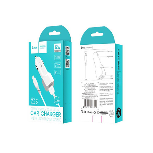 Автомобильное зарядное устройство, 2 USB 2.4A (Z23), usb cable lightning, HOCO, белый