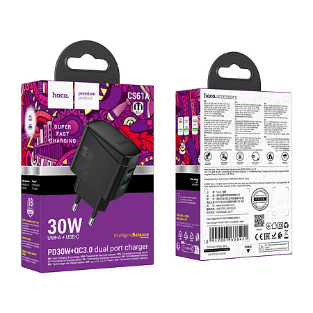 Сетевое зарядное устройство, 1 USB 3.0 QC+1 PD 30W (CS61A), HOCO, черный