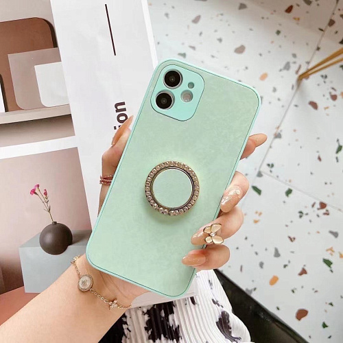 Чехол силиконовый для iPhone 13 (6.1), с подставкой кольцом на палец со стразами, X-CASE, бирюзовый