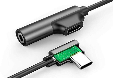 Переходник Type-C на 3,5mm Jack+зарядка Type-C, угловой со шнуром, поддерживает не все samsung, черный