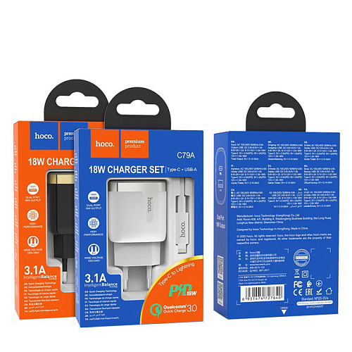 Сетевое зарядное устройство, 1 PD 18W + 1 USB 3.0 QC (C79A), HOCO, Type-C to Lightning, черный