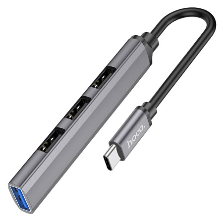 USB Хаб (HB26) c 1 Type-C на 1 USB 3.0 + 3 USB 2.0, HOCO, металлический серый